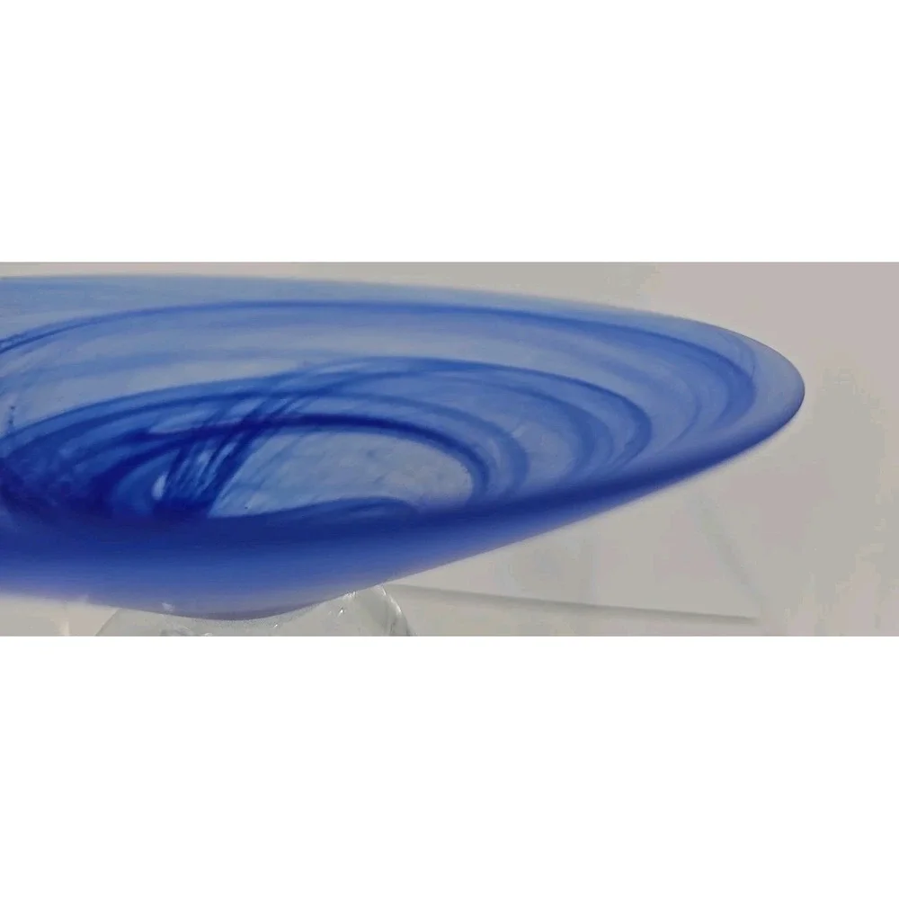 Satin blue Swirl Compote  Polished  Clear Glass Base W/ Bubbles 7